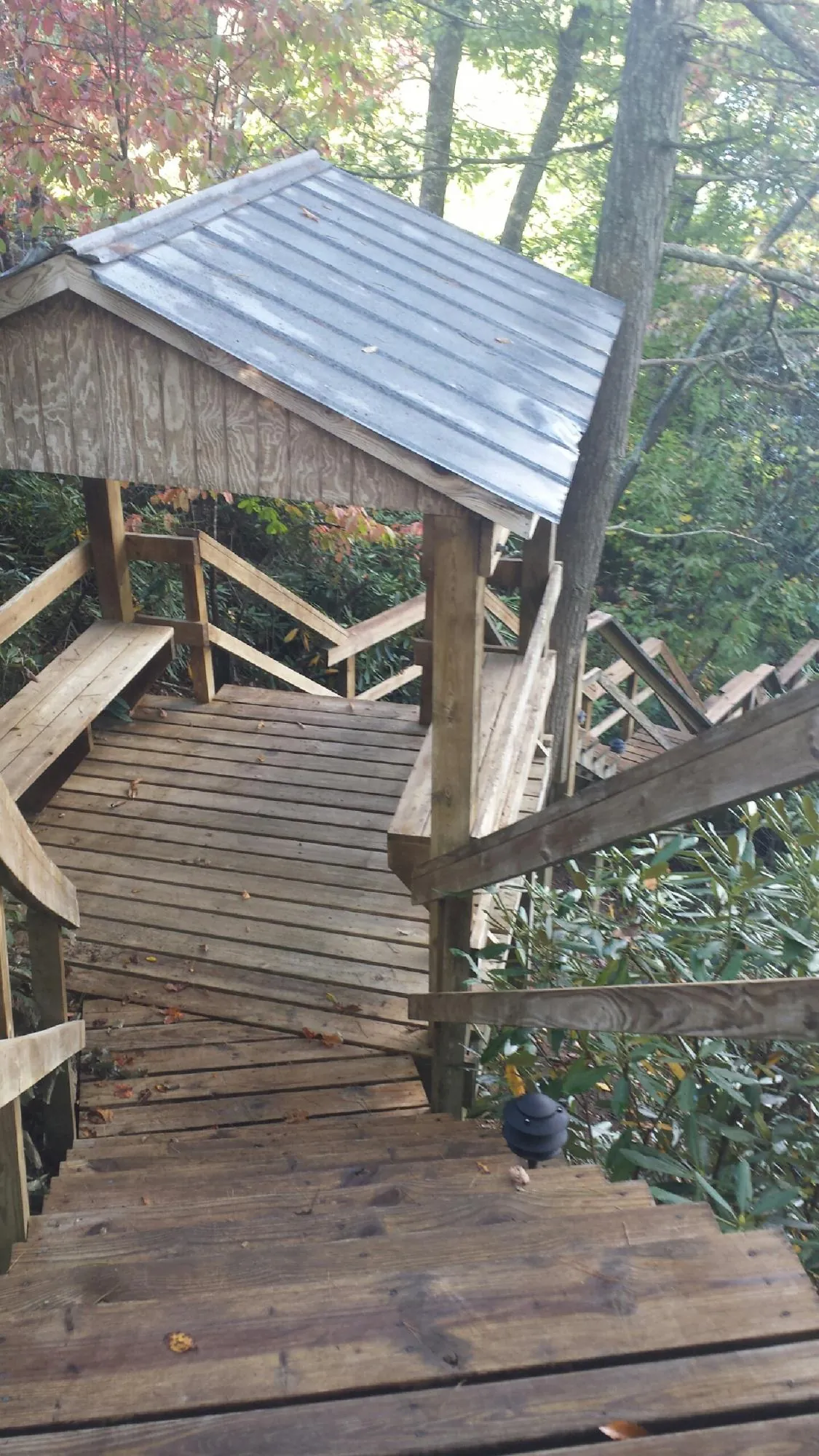 Metal roofed shelter over wooden steps on a wooded walkway — Skylight Repair & Installation work by our crew in Donald